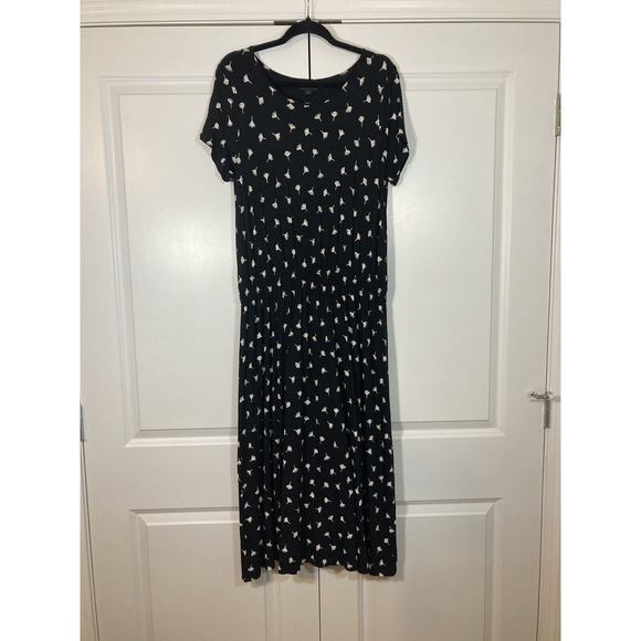 J. Jill Wearever Collection Cap Sleeve Midi Black Floral Elastic Waist Size MP - Picture 1 of 11